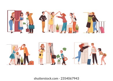 Happy People Character Coming Back and Returning Home Standing Near Open Door with Relatives Welcoming Them Vector Set