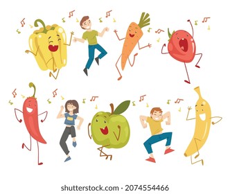 Happy People Character Dancing with Cheerful Vegetables and Fruits Vector Set