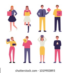 Happy people character holding a gift. hand drawing style vector illustration flat design Happy people character holding a gift. hand drawing style vector illustration flat design