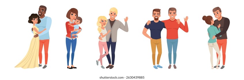 Happy People Character Hug and Embrace Feel Warmth Vector Set