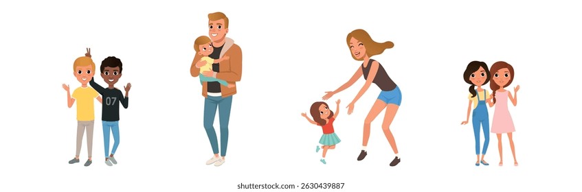 Happy People Character Hug and Embrace Feel Warmth Vector Set