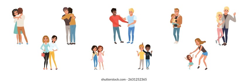 Happy People Character Hug and Embrace Feel Warmth Vector Set