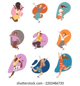 Happy People Character Jumping with Joy Feeling Excitement Vector Set