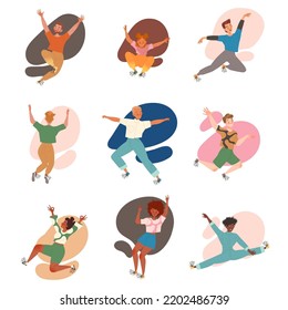 Happy People Character Jumping with Joy Feeling Excitement Vector Set