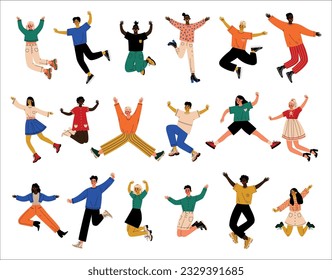 Happy People Character Jumping with Joy and Excitement Feeling Energy and Celebrating Something Vector Big Set