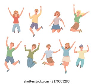 Happy People Character Jumping with Raised Hands Vector Set