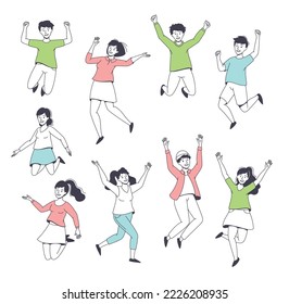 Happy People Character Jumping with Raised Hands Feeling Delight Vector Set