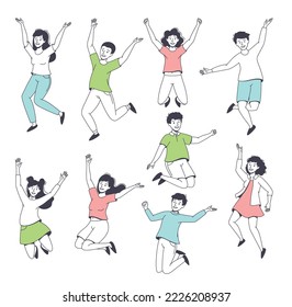 Happy People Character Jumping with Raised Hands Feeling Delight Vector Set