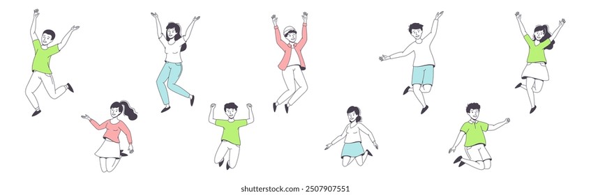 Happy People Character Jumping with Raised Hands Feeling Delight Vector Set