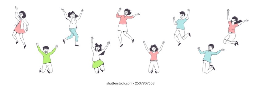 Happy People Character Jumping with Raised Hands Feeling Delight Vector Set