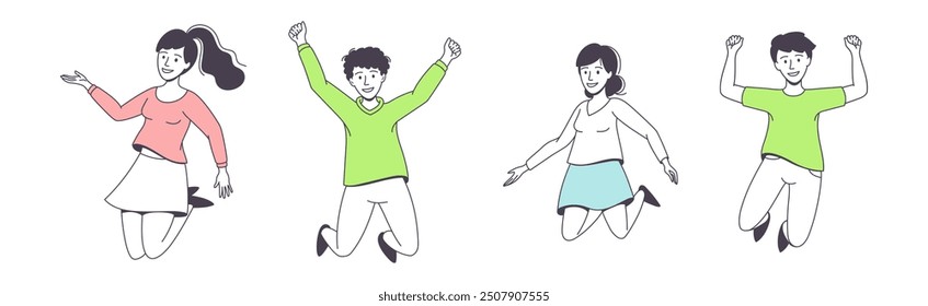 Happy People Character Jumping with Raised Hands Feeling Delight Vector Set