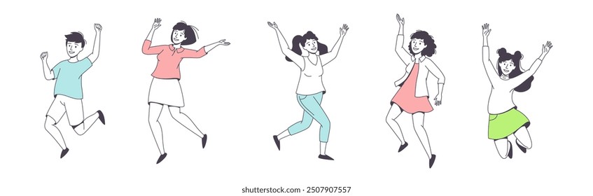 Happy People Character Jumping with Raised Hands Feeling Delight Vector Set