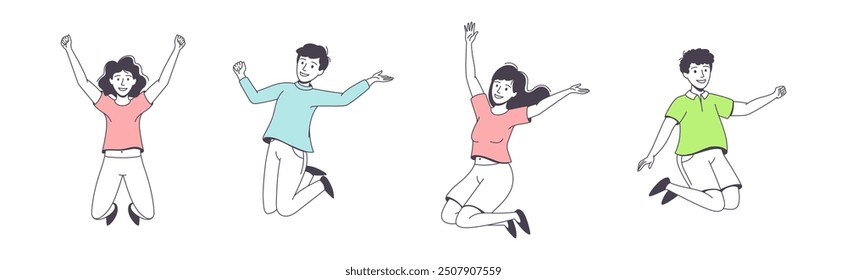 Happy People Character Jumping with Raised Hands Feeling Delight Vector Set