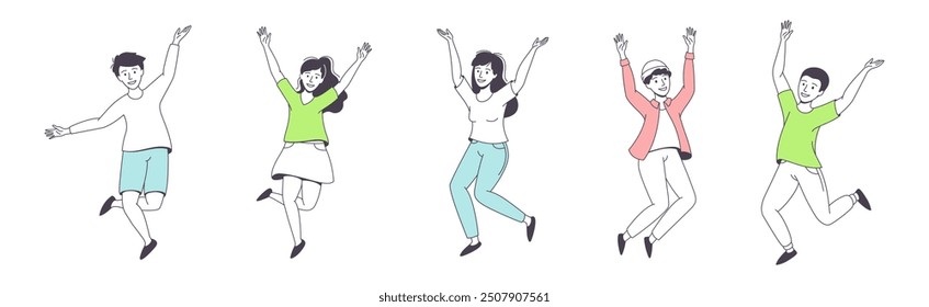 Happy People Character Jumping with Raised Hands Feeling Delight Vector Set