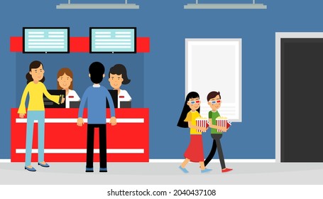 Happy People Characters at Cinema Buying Tickets and Popcorn Vector Illustration