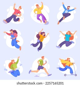 Happy People Characters Engaged in Active Motion Vector Illustration Set