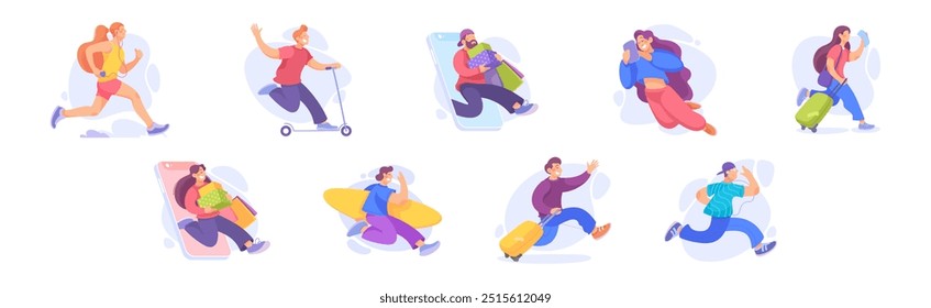 Happy People-Zeichen, die sich in einem aktiven Bewegungsvektorillustrationssatz engagieren