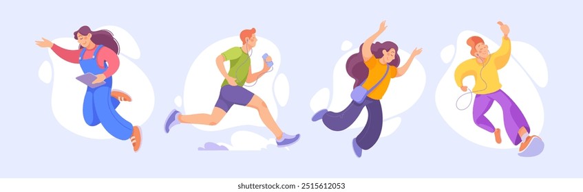 Personagens de pessoas felizes envolvidos no conjunto de ilustração de vetor de movimento ativo