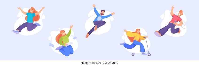 Personagens de pessoas felizes envolvidos no conjunto de ilustração de vetor de movimento ativo