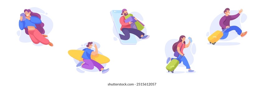 Personagens de pessoas felizes envolvidos no conjunto de ilustração de vetor de movimento ativo