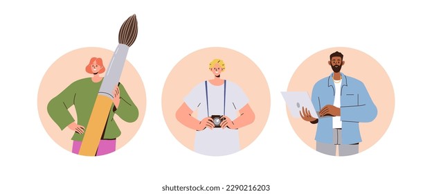 Happy people characters enjoying different creative profession and hobby round frame icons set