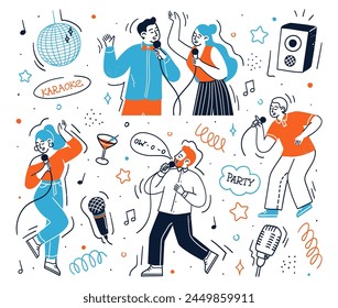 Happy people characters enjoying karaoke party vector illustration