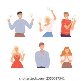 Happy People Characters with Fire Sparklers in Hands Vector Set