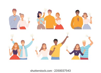 Happy People Characters with Fire Sparklers in Hands Vector Set