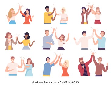 Happy People Characters Giving High Five to Each Other Vector Illustration Set