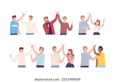 Happy People Characters Giving High Five to Each Other Vector Illustration Set