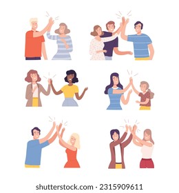 Happy People Characters Giving High Five to Each Other Vector Illustration Set