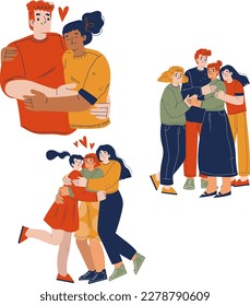 Happy People Characters Hugging Feeling Love and Positive Emotion Vector Set
