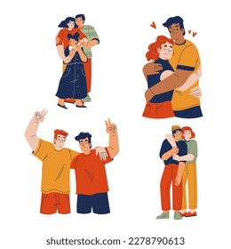 Happy People Characters Hugging Feeling Love and Positive Emotion Vector Set