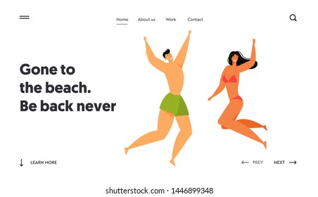 Happy People Characters Jumping with Hands Up, Beach Party. Man in Swimming Shorts and Woman in Bikini Fun on Summer Vacation, Website Landing Page, Web Page. Cartoon Flat Vector Illustration, Banner