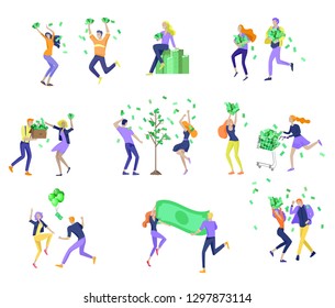 Happy people characters in move celebrating victory. Business team standing under money rain, run with profit, catch bills. Cartoon style, flat vector illustration