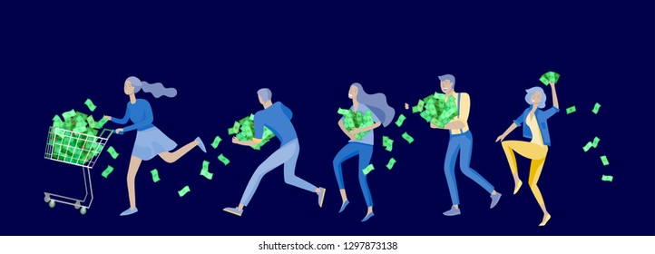 Happy people characters in move celebrating victory. Business team standing under money rain, run with profit, catch bills. Cartoon style, flat vector illustration