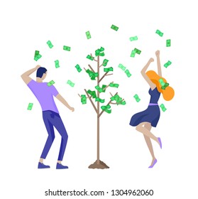 Happy people characters in move celebrating victory. Business team standing under money rain, run with profit, catch bills. Cartoon style, flat vector illustration