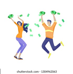 Happy people characters in move celebrating victory. Business team standing under money rain, run with profit, catch bills. Cartoon style, flat vector illustration