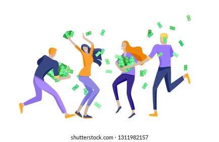 Happy people characters in move celebrating victory. Business team standing under money rain, run with profit, catch bills. Cartoon style, flat vector illustration