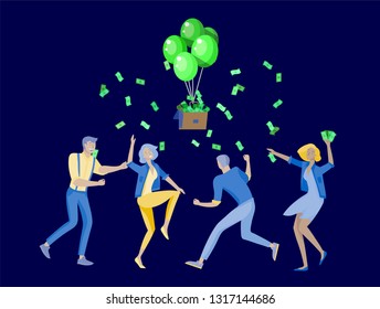 Happy people characters in move celebrating victory. Business team standing under money rain, run with profit, catch bills. Cartoon style, flat vector illustration