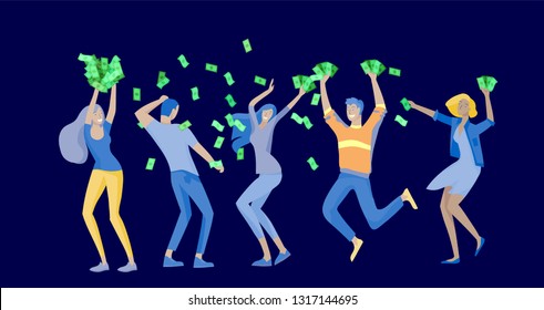 Happy people characters in move celebrating victory. Business team standing under money rain, run with profit, catch bills. Cartoon style, flat vector illustration