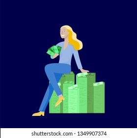 Happy people characters in move celebrating victory. Business team standing under money rain, run with profit, catch bills. Cartoon style, flat vector illustration