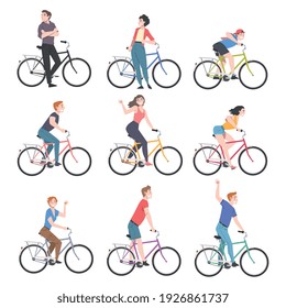 Happy People Characters on Bicycle Enjoying Vacation or Weekend Activity Vector Illustration Set