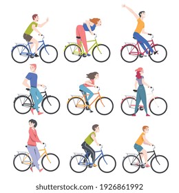 Happy People Characters on Bicycle Enjoying Vacation or Weekend Activity Vector Illustration Set