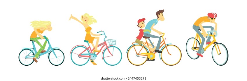 Happy People Characters on Bicycle Enjoying Vacation or Weekend Activity Vector Illustration Set