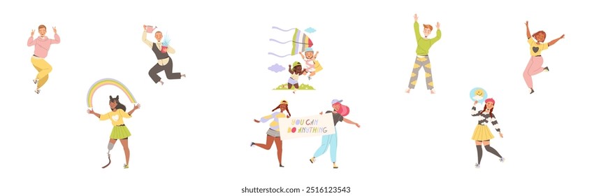 Happy People Characters Sharing Positive Vibes Smiling and Cheering Expressing Good Emotion Vector Set