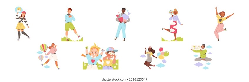 Happy People Characters Sharing Positive Vibes Smiling and Cheering Expressing Good Emotion Vector Set