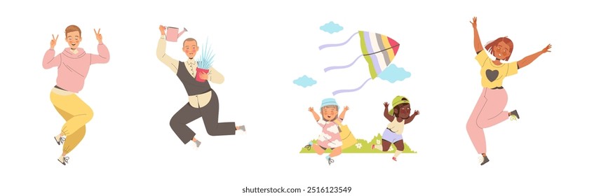 Happy People Characters Sharing Positive Vibes Smiling and Cheering Expressing Good Emotion Vector Set