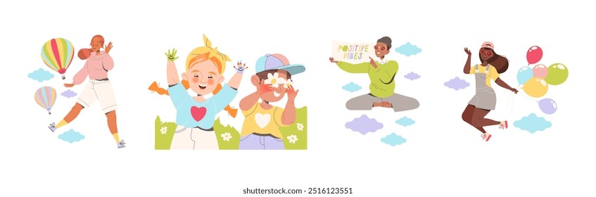 Happy People Characters Sharing Positive Vibes Smiling and Cheering Expressing Good Emotion Vector Set