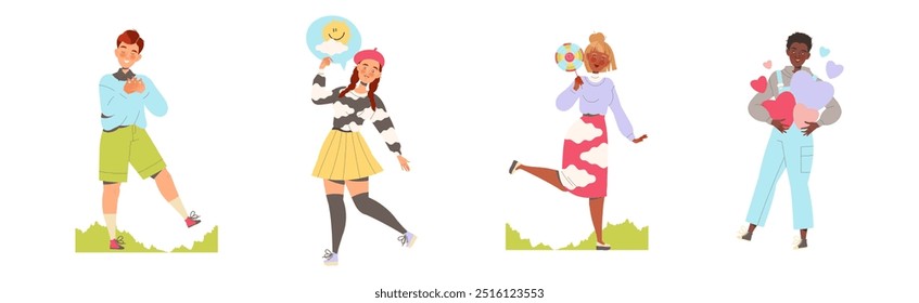 Happy People Characters Sharing Positive Vibes Smiling and Cheering Expressing Good Emotion Vector Set